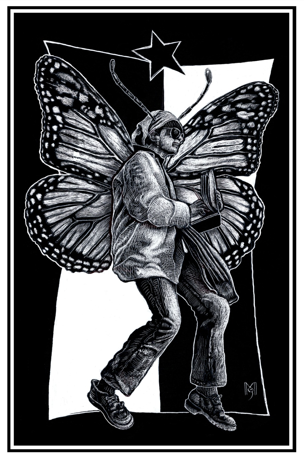 Ilustración en scratch board de la figura de Rini Templeton como mariposa